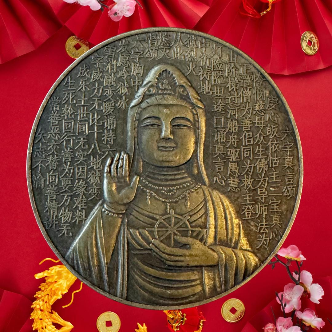 Antique Gold Buddha Coin Amulet: Om Mani Padme Hum Talisman | Metta-Blessed™ | Buddha Protection