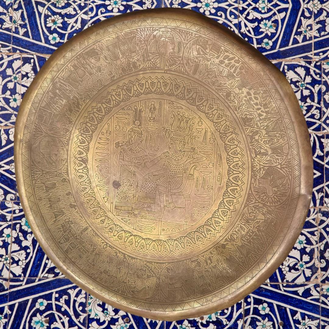 Antique Hand-Etched Brass Plate | Metta-Blessed™ | Egyptian Revival Middle Eastern Decor