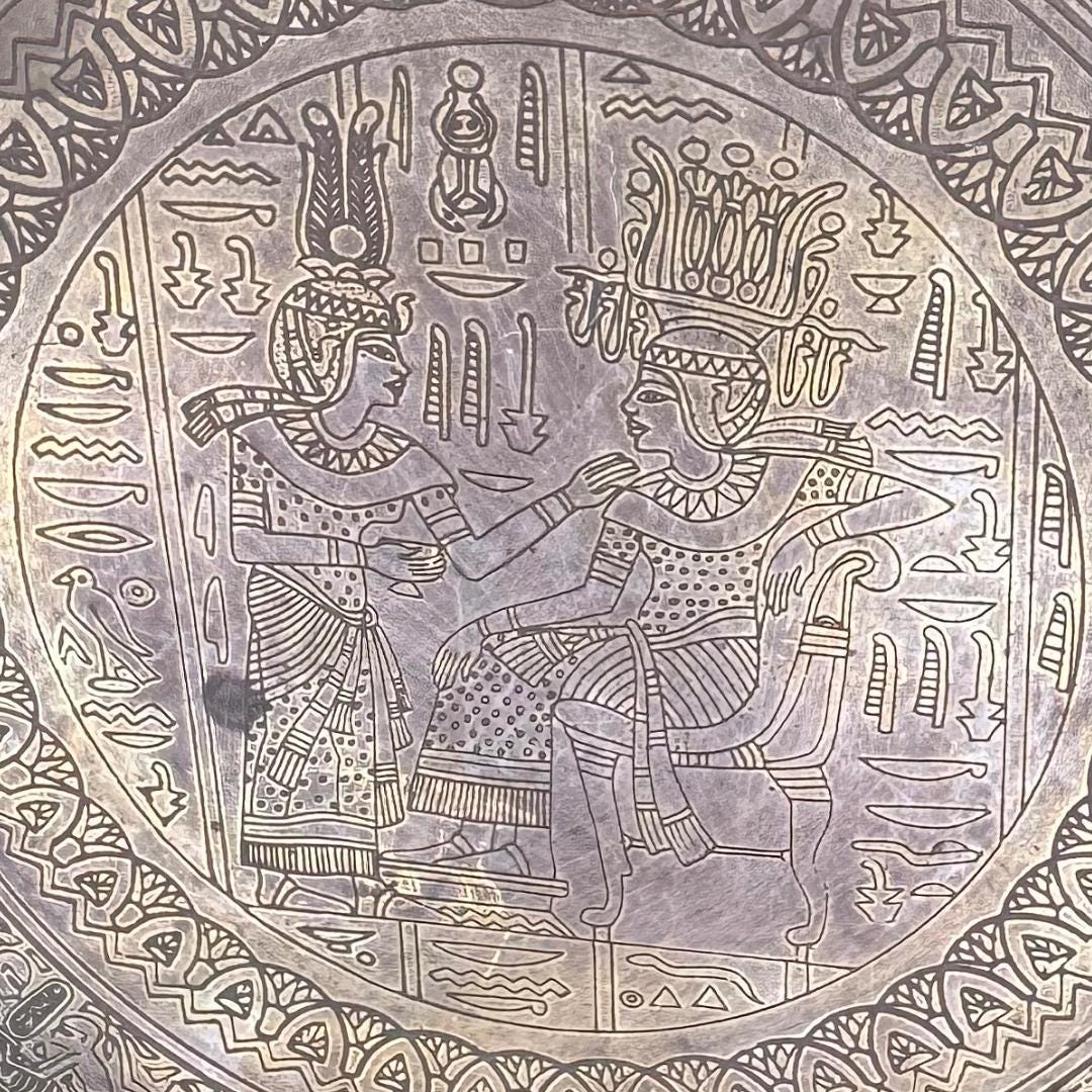 Antique Hand-Etched Brass Plate | Metta-Blessed™ | Egyptian Revival Middle Eastern Decor