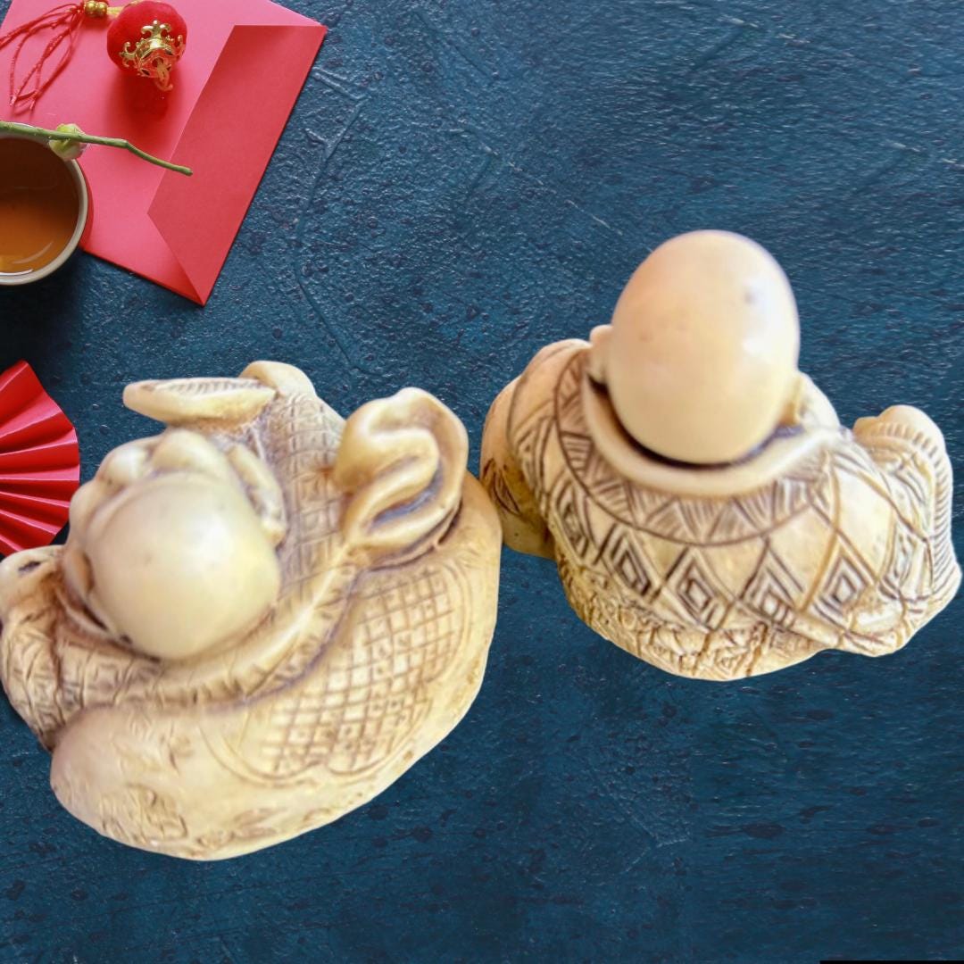 Pair of Bùdài Statues – Feng Shui Prosperity & Happiness | Hand-Carved Soapstone | Laughing Buddha Figurines | Metta-Blessed™
