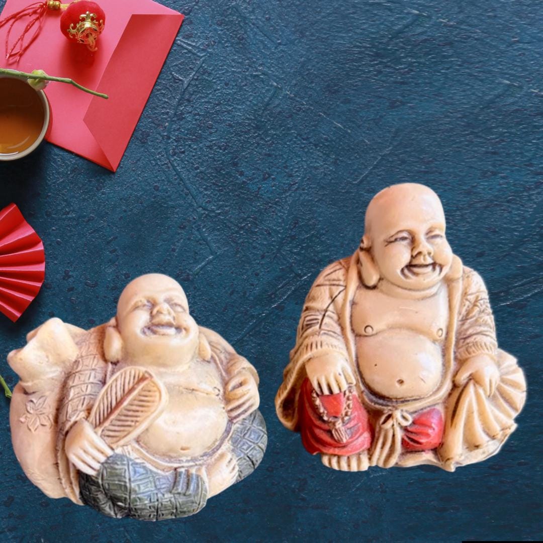 Pair of Bùdài Statues – Feng Shui Prosperity & Happiness | Hand-Carved Soapstone | Laughing Buddha Figurines | Metta-Blessed™