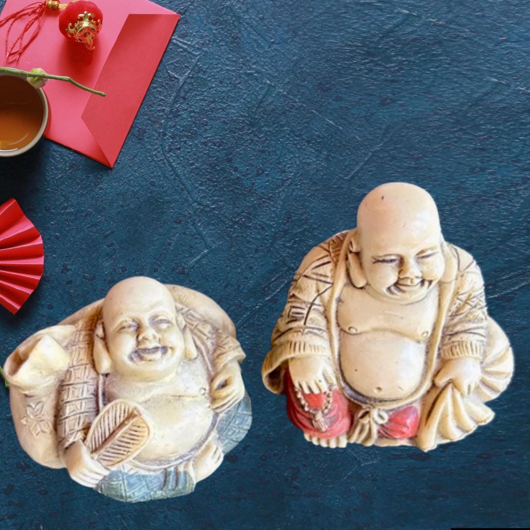 Pair of Bùdài Statues – Feng Shui Prosperity & Happiness | Hand-Carved Soapstone | Laughing Buddha Figurines | Metta-Blessed™