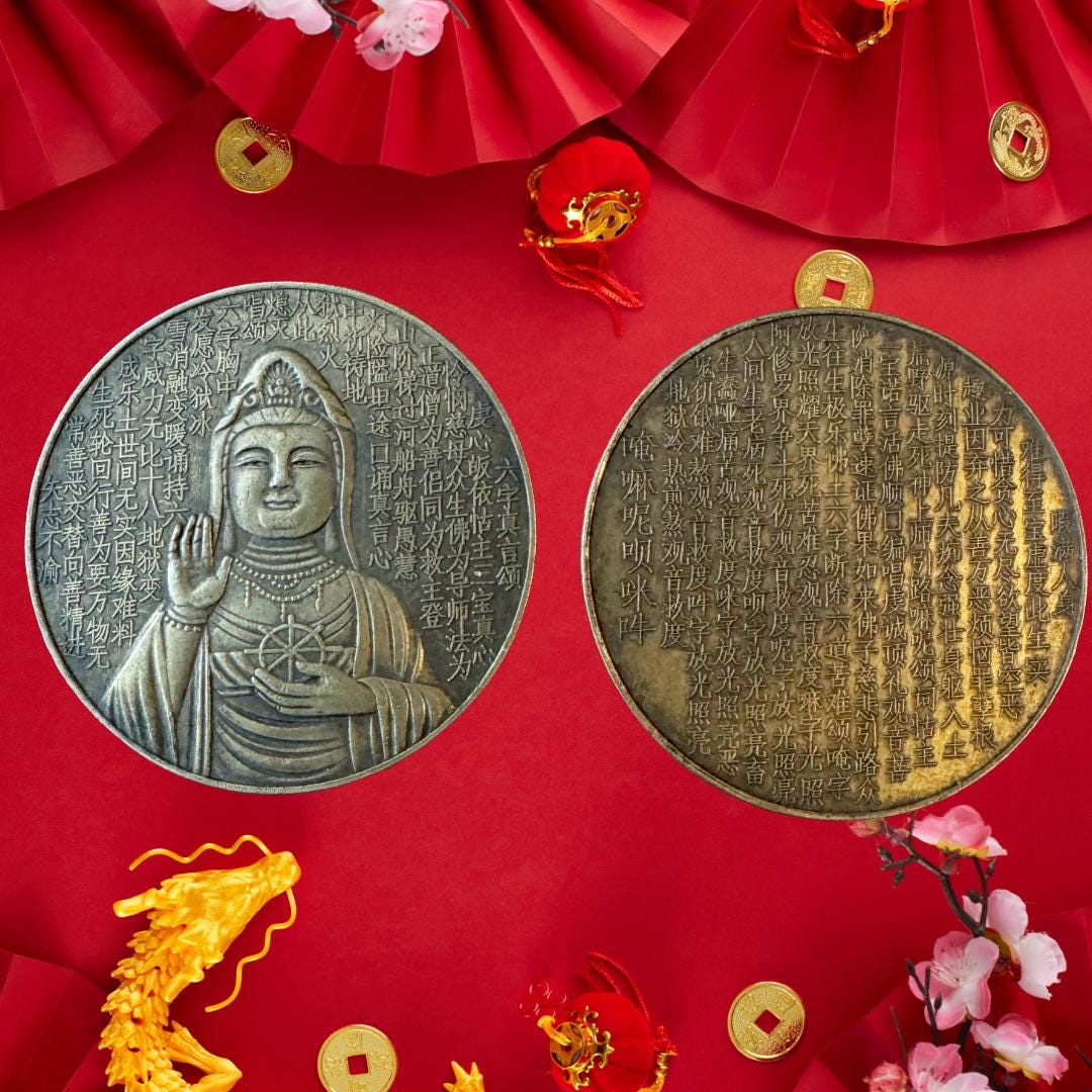 Antique Gold Buddha Coin Amulet: Om Mani Padme Hum Talisman | Metta-Blessed™ | Buddha Protection