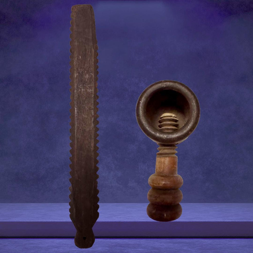 Antique Linen Smoother & Screw Press: 19th Century Sacred Imprint Tools