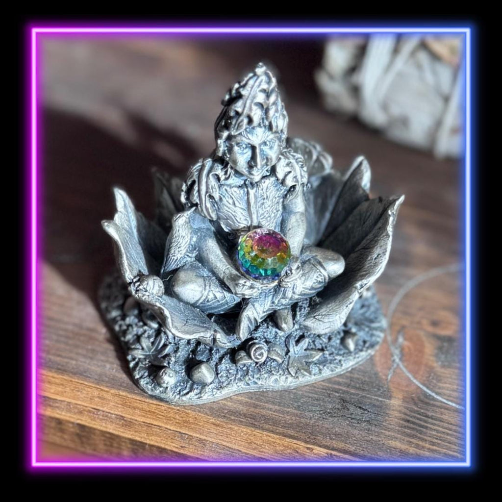 Enchanted Padmāvatī Lotus Goddess Figurine: Silver-Tone Resin, Rainbow Crystal Orb