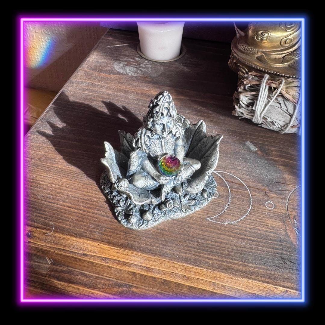 Enchanted Padmāvatī Lotus Goddess Figurine: Silver-Tone Resin, Rainbow Crystal Orb