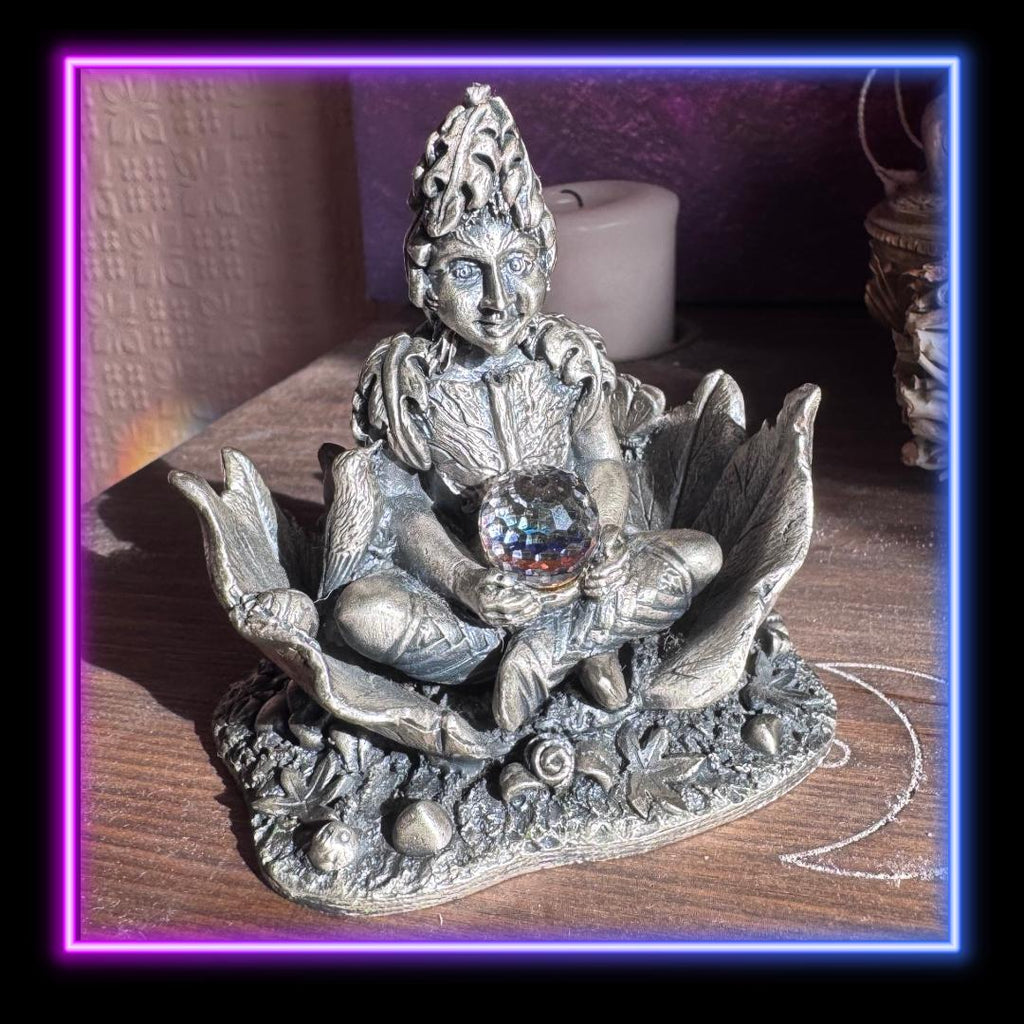 Enchanted Padmāvatī Lotus Goddess Figurine: Silver-Tone Resin, Rainbow Crystal Orb