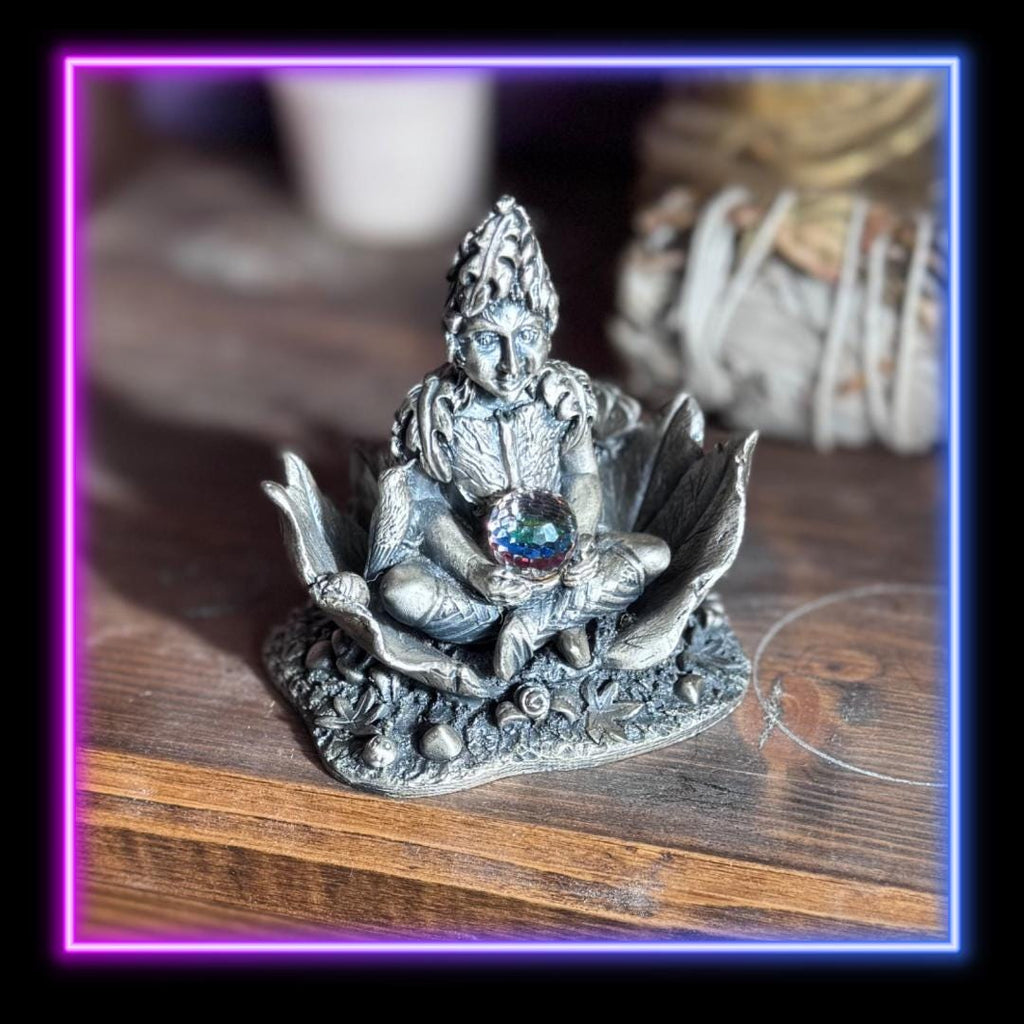 Enchanted Padmāvatī Lotus Goddess Figurine: Silver-Tone Resin, Rainbow Crystal Orb