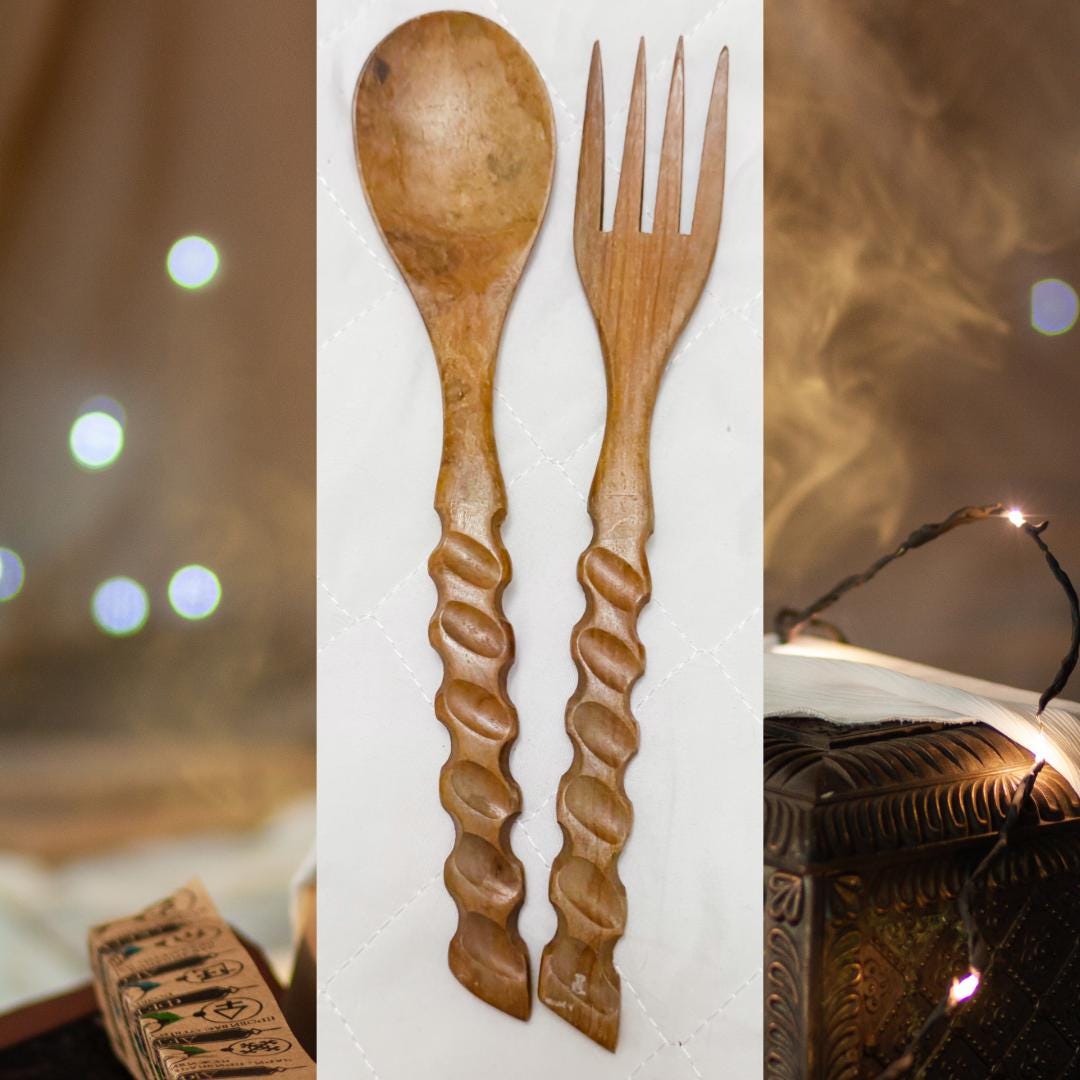 Hekate Altar Tools: Hand Carved Wooden Spoon and Fork Set