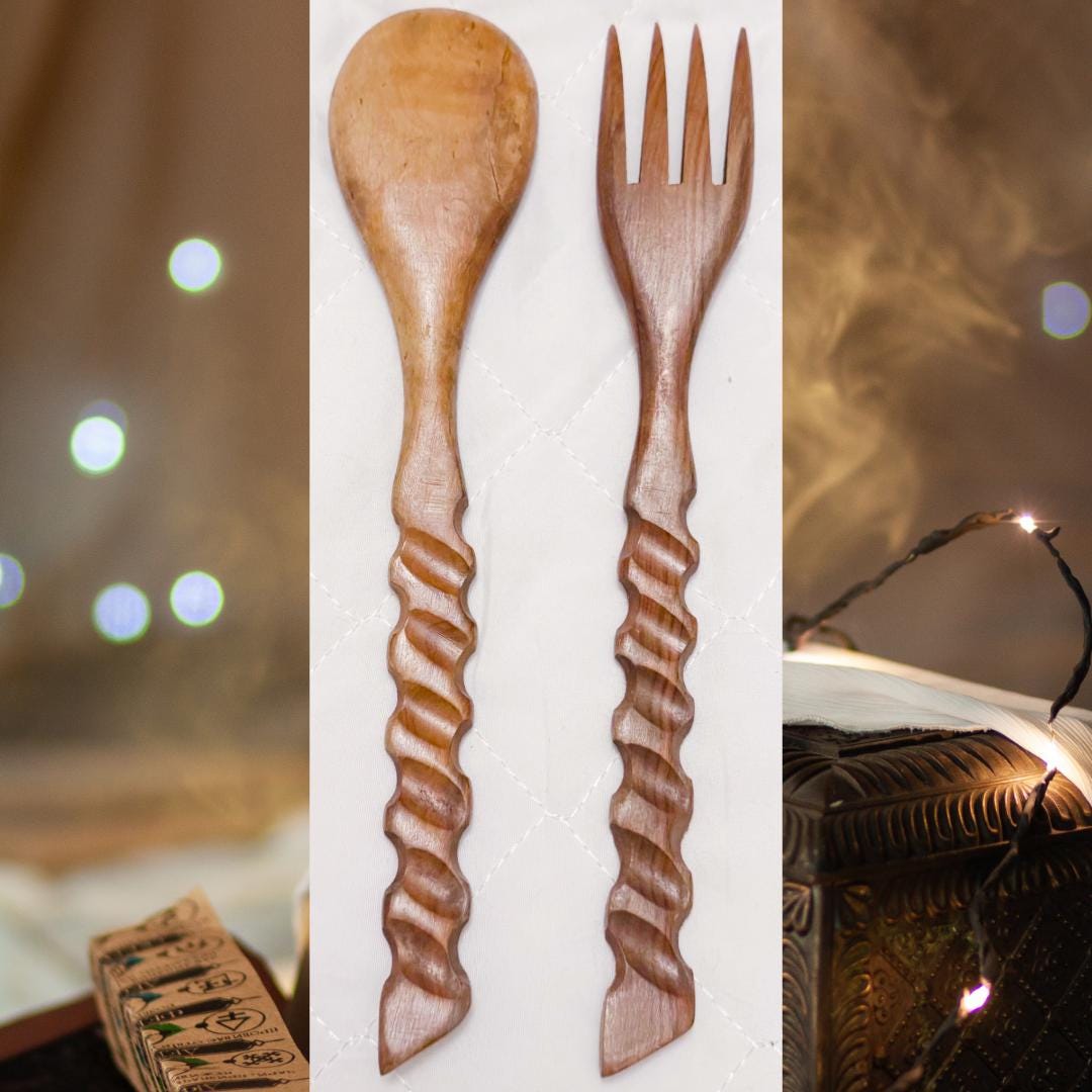 Hekate Altar Tools: Hand Carved Wooden Spoon and Fork Set