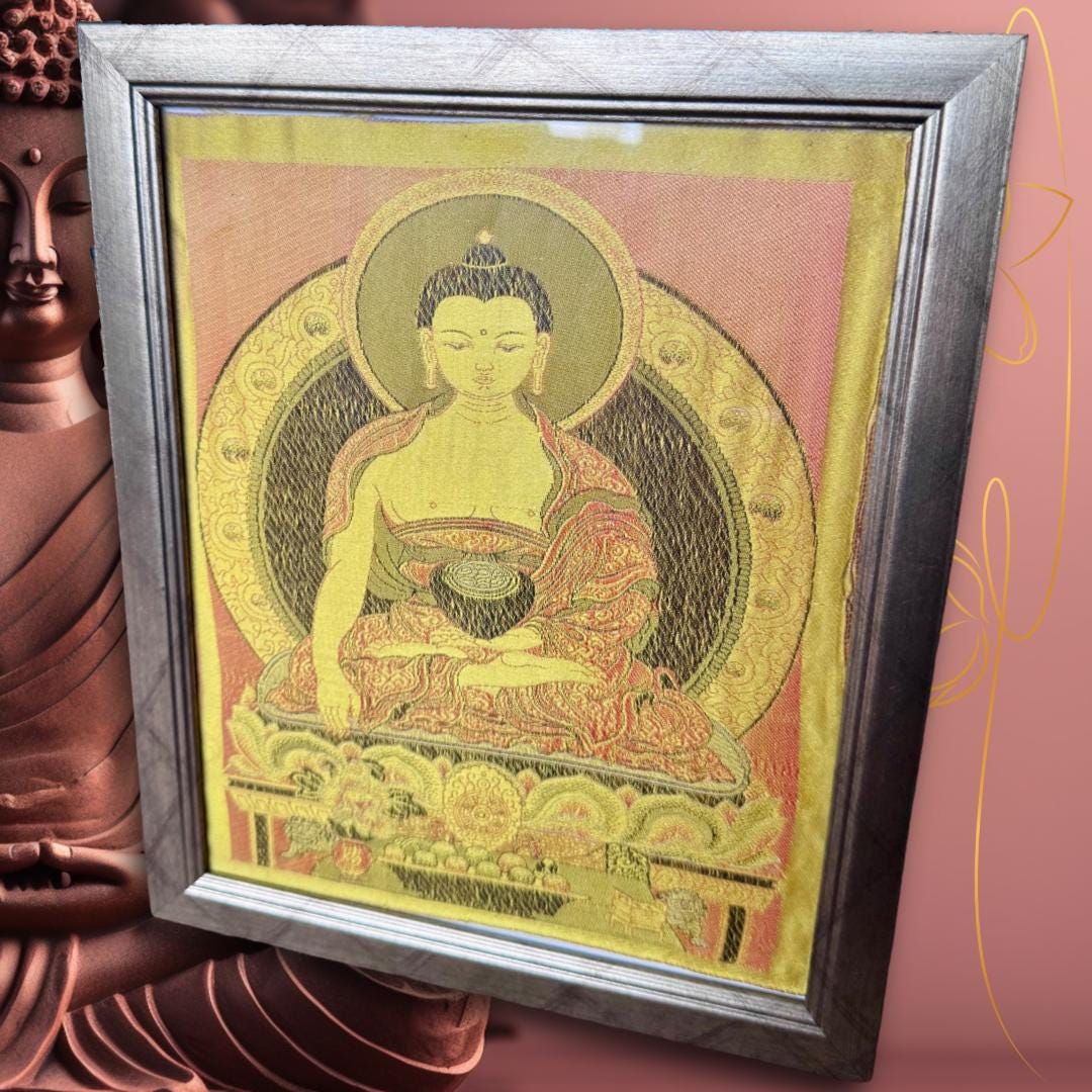 Framed Silk Shakyamuni Buddha Brocade | Sacred Lotus Throne Tapestry | Golden Temple Weave | Metta-Blessed™