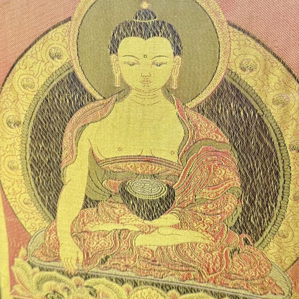 Framed Silk Shakyamuni Buddha Brocade | Sacred Lotus Throne Tapestry | Golden Temple Weave | Metta-Blessed™