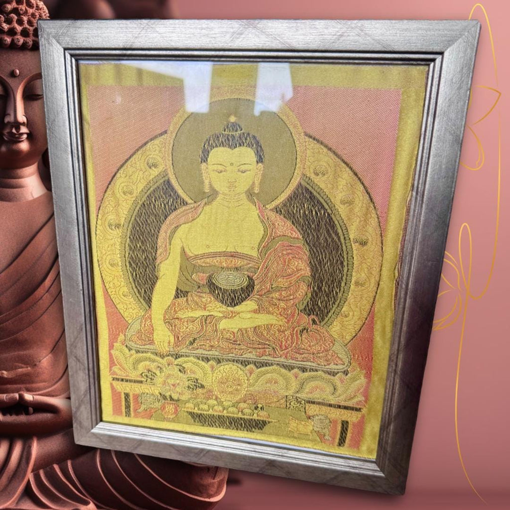 Framed Silk Shakyamuni Buddha Brocade | Sacred Lotus Throne Tapestry | Golden Temple Weave | Metta-Blessed™