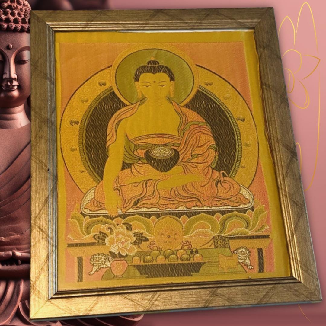 Framed Silk Shakyamuni Buddha Brocade | Sacred Lotus Throne Tapestry | Golden Temple Weave | Metta-Blessed™