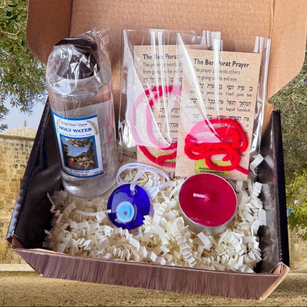 Holy Land Protection & Blessing Box - Jordan River Holy Water • Ben Porat Red Threads • Evil Eye Talisman • Traveler’s Blessing