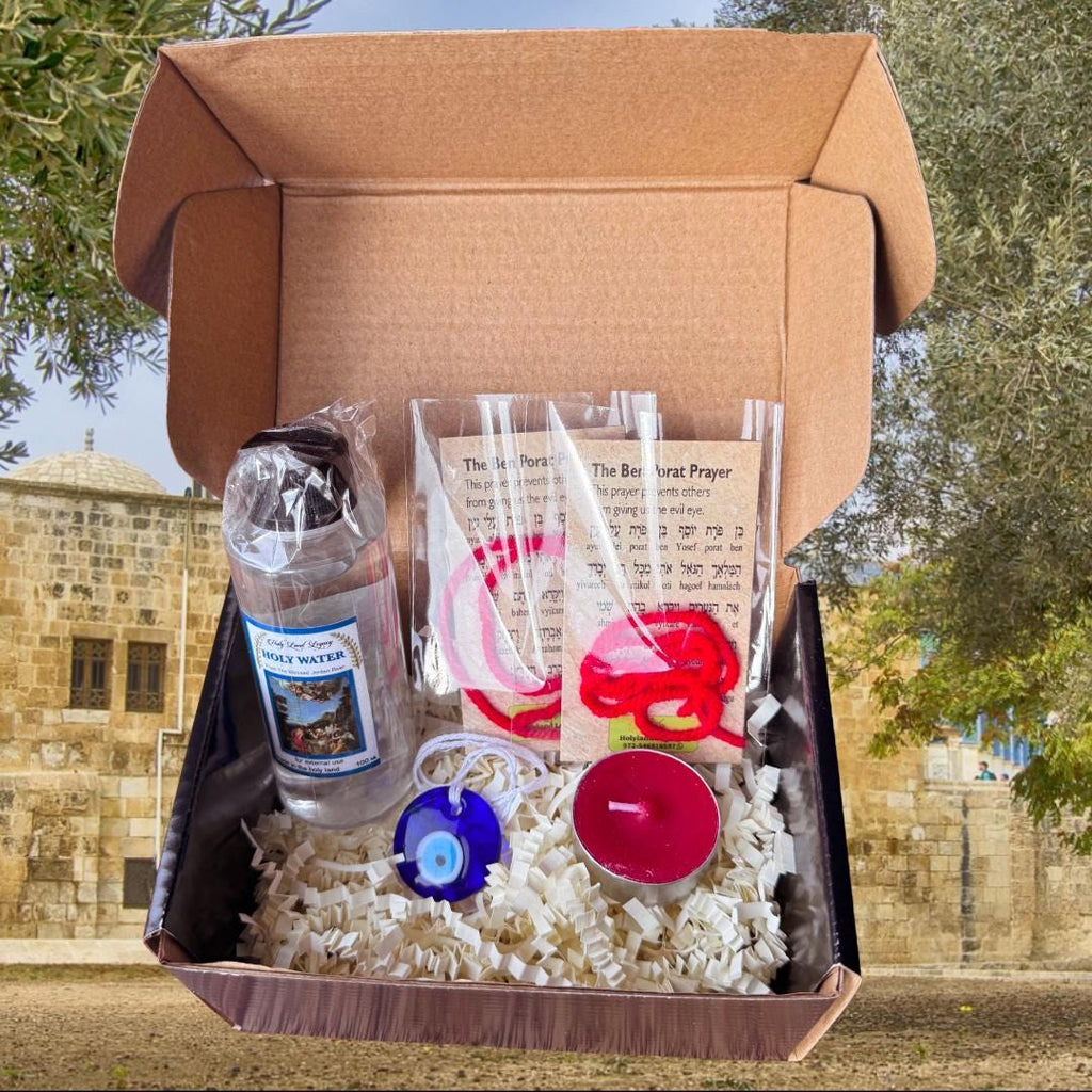 Holy Land Protection & Blessing Box - Jordan River Holy Water • Ben Porat Red Threads • Evil Eye Talisman • Traveler’s Blessing