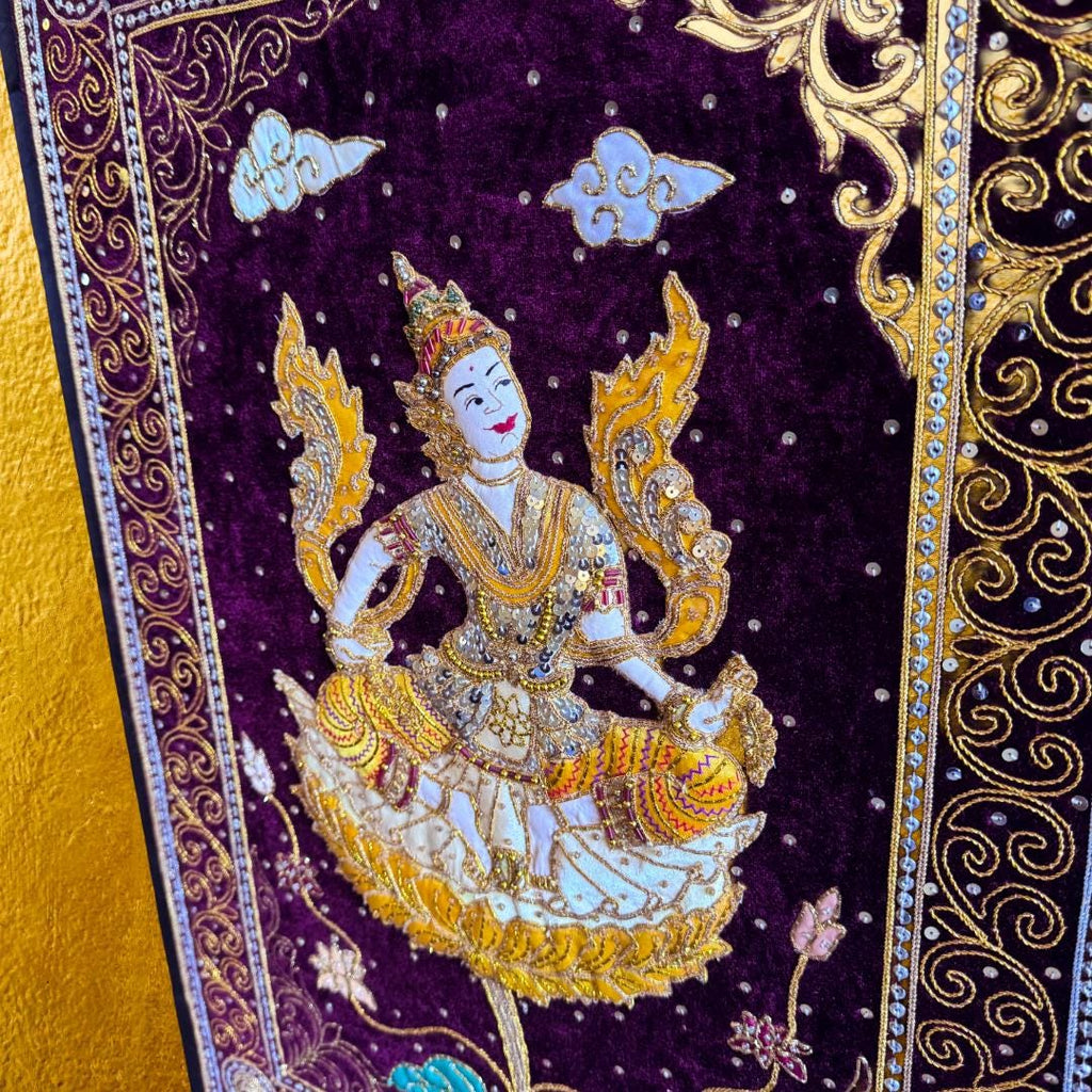 Large Hand-Embroidered Celestial Dancer Textile on Velvet | Vintage Southeast Asian Ceremonial Wall Art (109 × 79 cm) | Metta-Blessed™