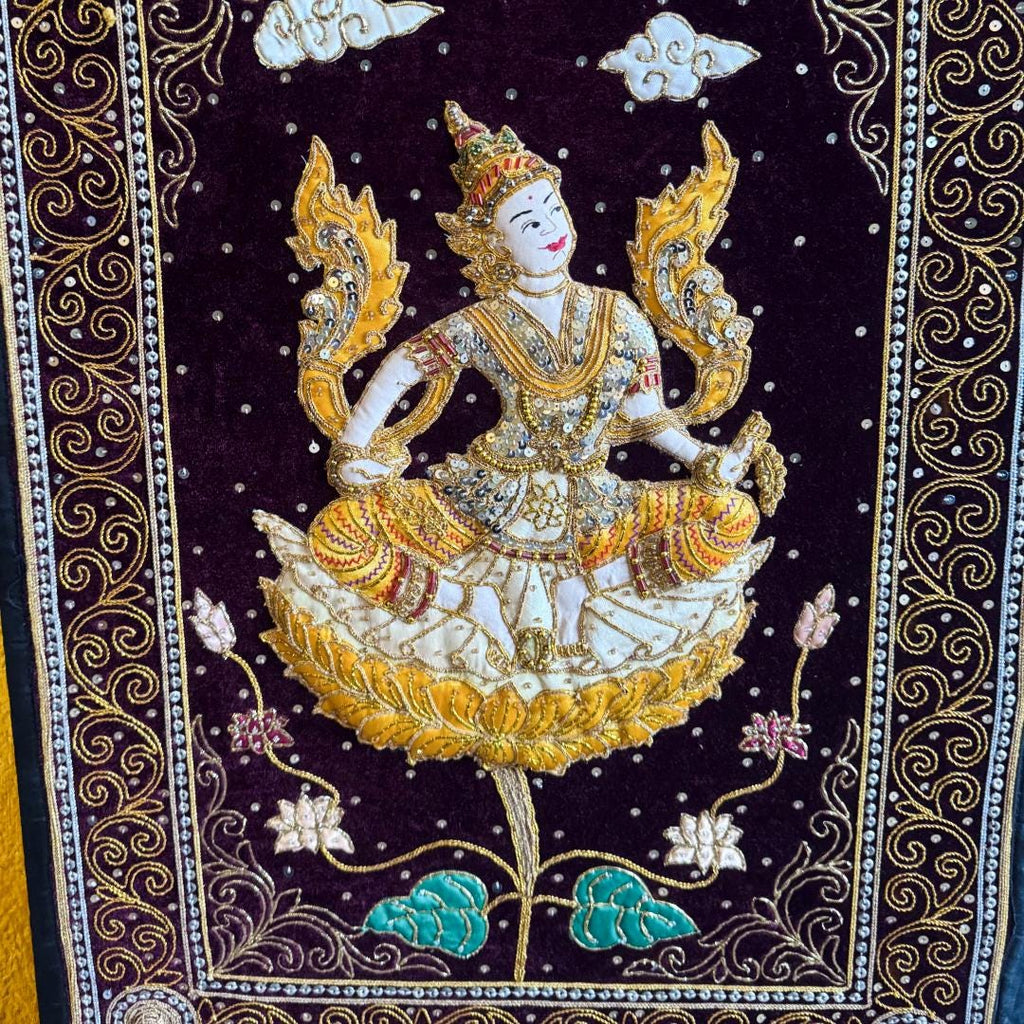 Large Hand-Embroidered Celestial Dancer Textile on Velvet | Vintage Southeast Asian Ceremonial Wall Art (109 × 79 cm) | Metta-Blessed™