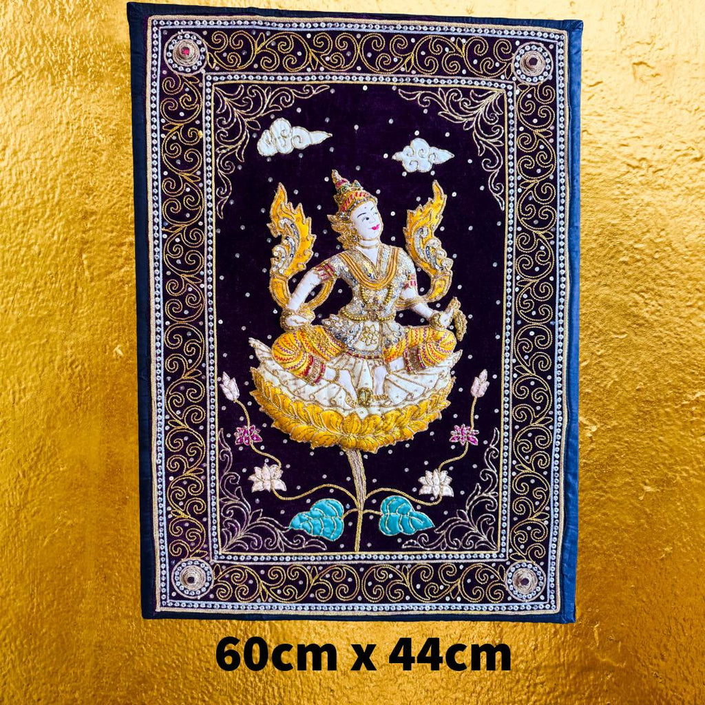 Large Hand-Embroidered Celestial Dancer Textile on Velvet | Vintage Southeast Asian Ceremonial Wall Art (109 × 79 cm) | Metta-Blessed™