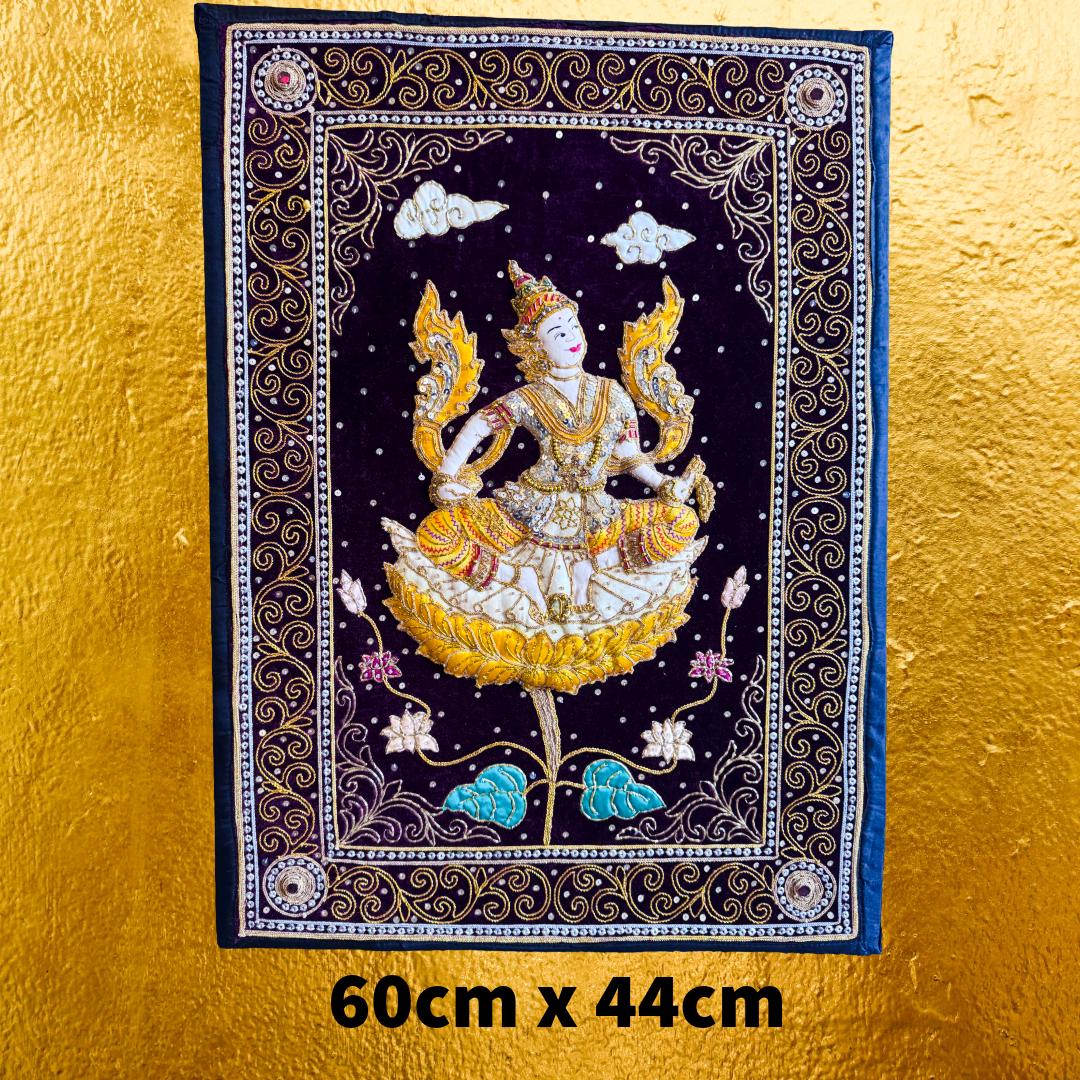Large Hand-Embroidered Celestial Dancer Textile on Velvet | Vintage Southeast Asian Ceremonial Wall Art (109 × 79 cm) | Metta-Blessed™