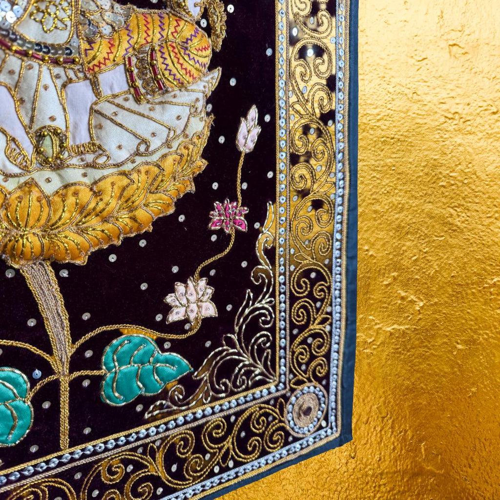 Large Hand-Embroidered Celestial Dancer Textile on Velvet | Vintage Southeast Asian Ceremonial Wall Art (109 × 79 cm) | Metta-Blessed™