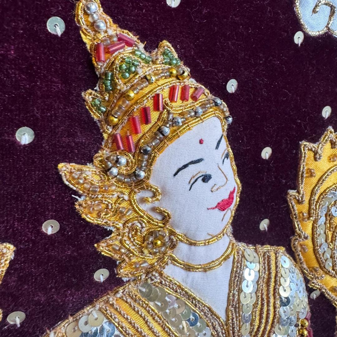 Large Hand-Embroidered Celestial Dancer Textile on Velvet | Vintage Southeast Asian Ceremonial Wall Art (109 × 79 cm) | Metta-Blessed™