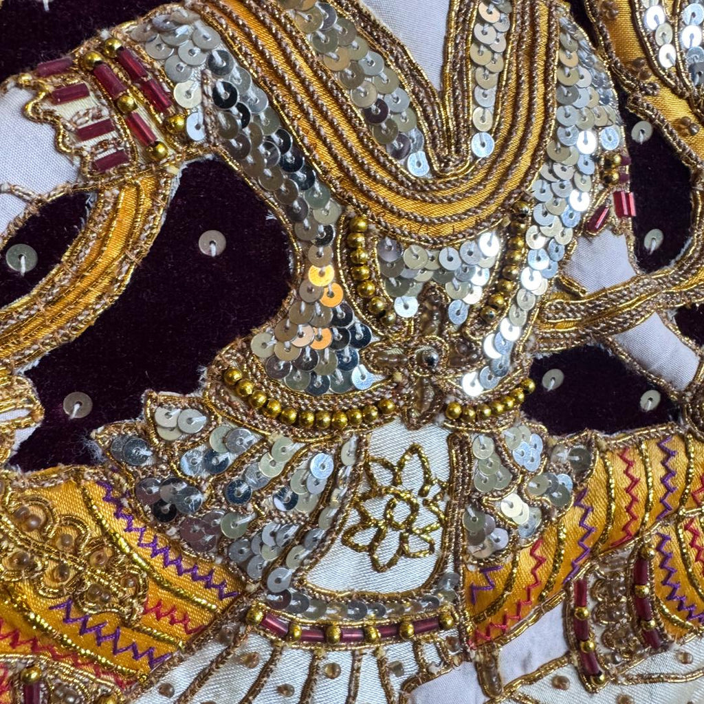 Large Hand-Embroidered Celestial Dancer Textile on Velvet | Vintage Southeast Asian Ceremonial Wall Art (109 × 79 cm) | Metta-Blessed™