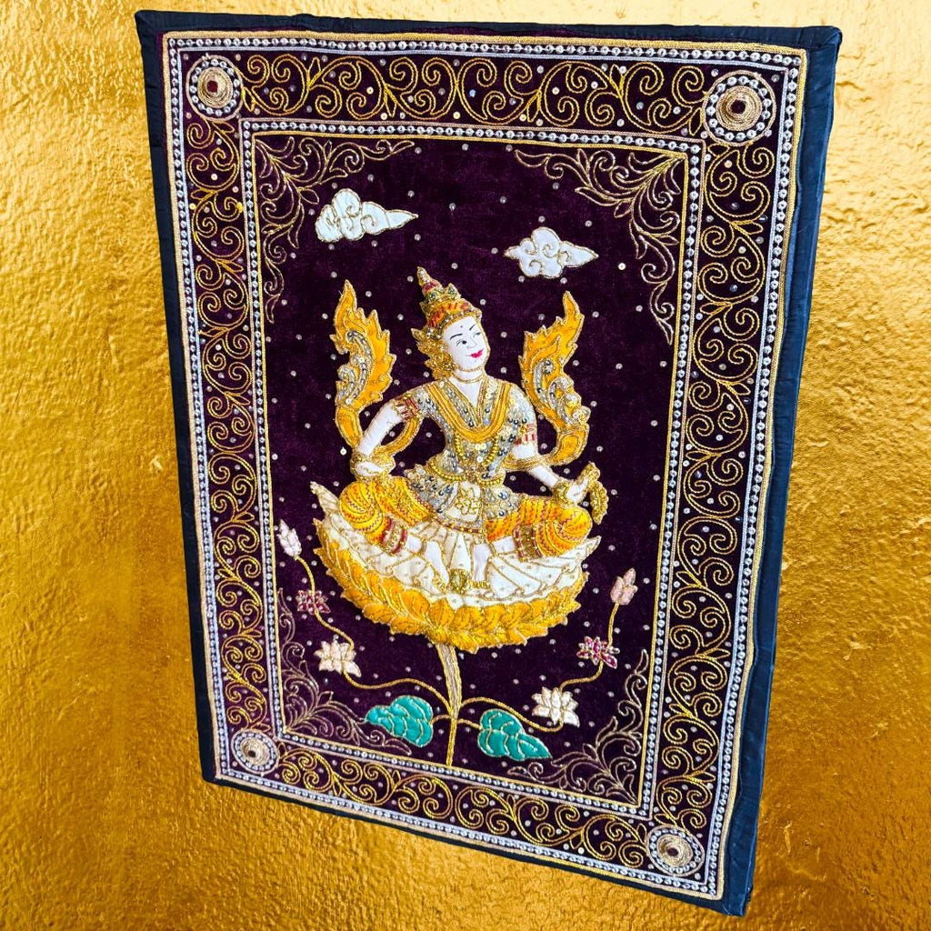 Large Hand-Embroidered Celestial Dancer Textile on Velvet | Vintage Southeast Asian Ceremonial Wall Art (109 × 79 cm) | Metta-Blessed™