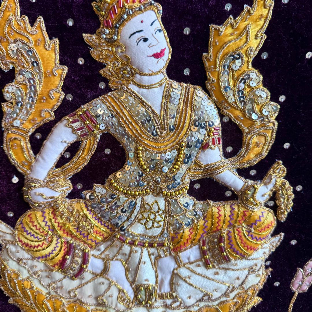 Large Hand-Embroidered Celestial Dancer Textile on Velvet | Vintage Southeast Asian Ceremonial Wall Art (109 × 79 cm) | Metta-Blessed™