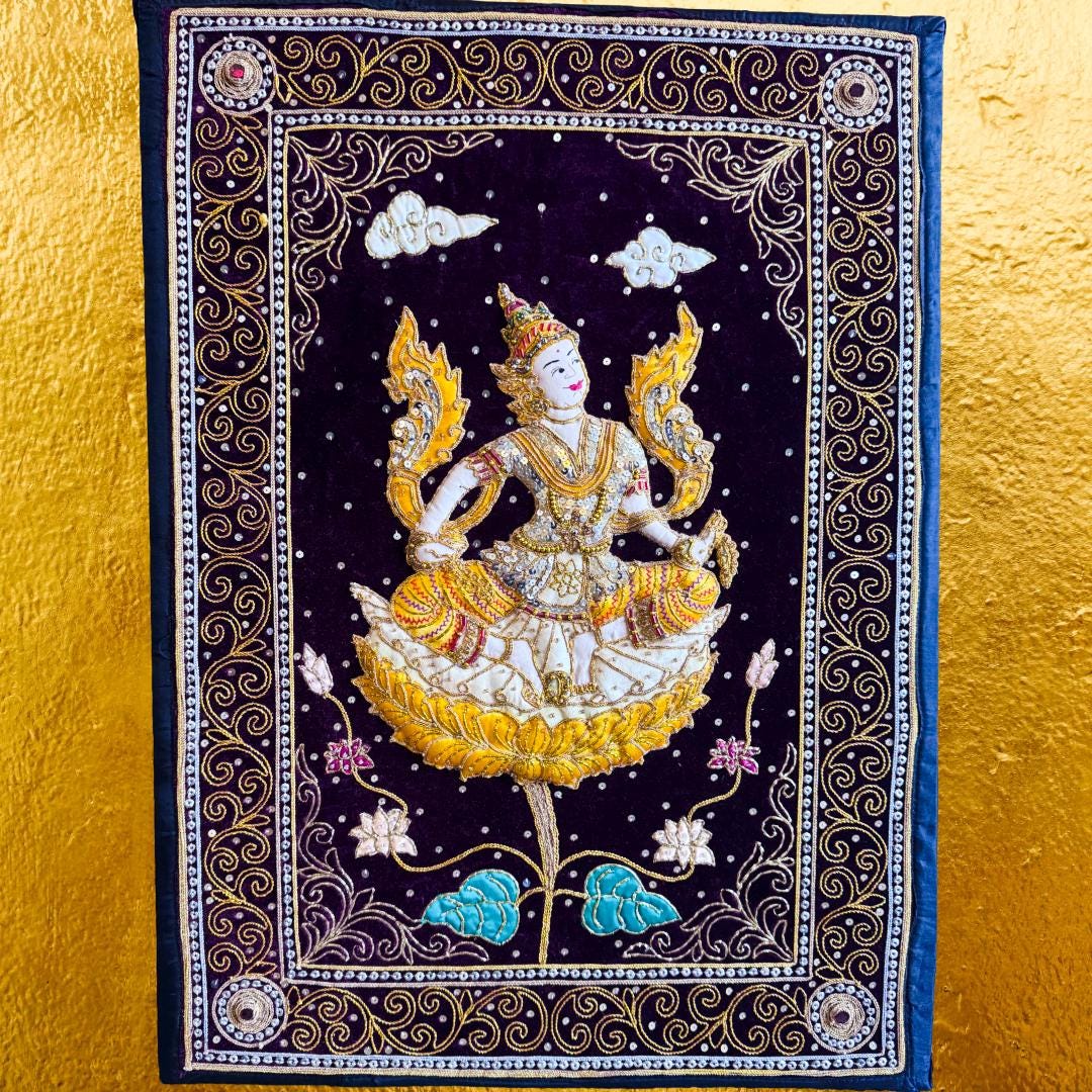 Large Hand-Embroidered Celestial Dancer Textile on Velvet | Vintage Southeast Asian Ceremonial Wall Art (109 × 79 cm) | Metta-Blessed™