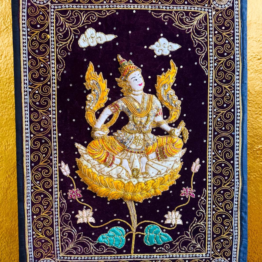 Large Hand-Embroidered Celestial Dancer Textile on Velvet | Vintage Southeast Asian Ceremonial Wall Art (109 × 79 cm) | Metta-Blessed™